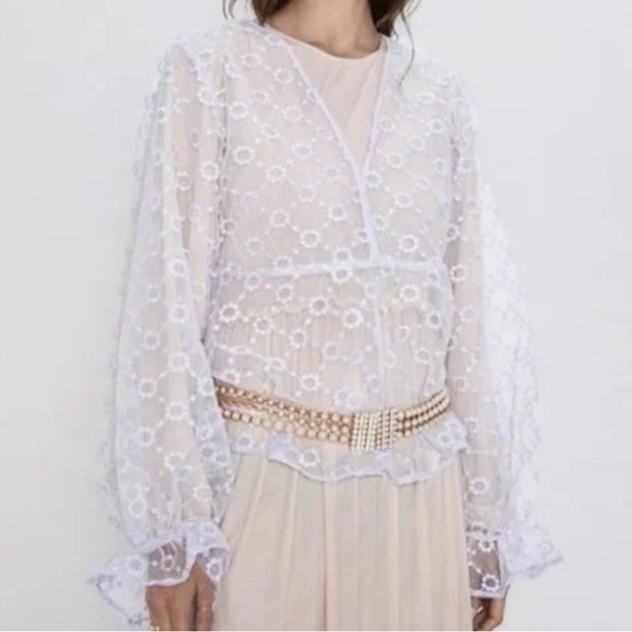 Zara Lilac Mesh Floral Blouse Small - Picture 5 of 12